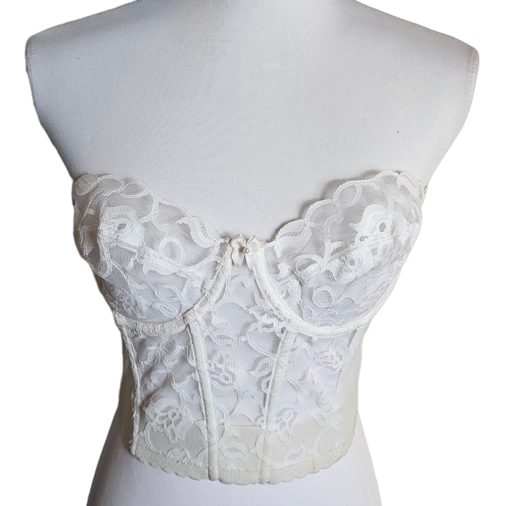 Vintage Gold Label Victorias Secret White Lace Bustier Bra Corset Sz 36B Bridal